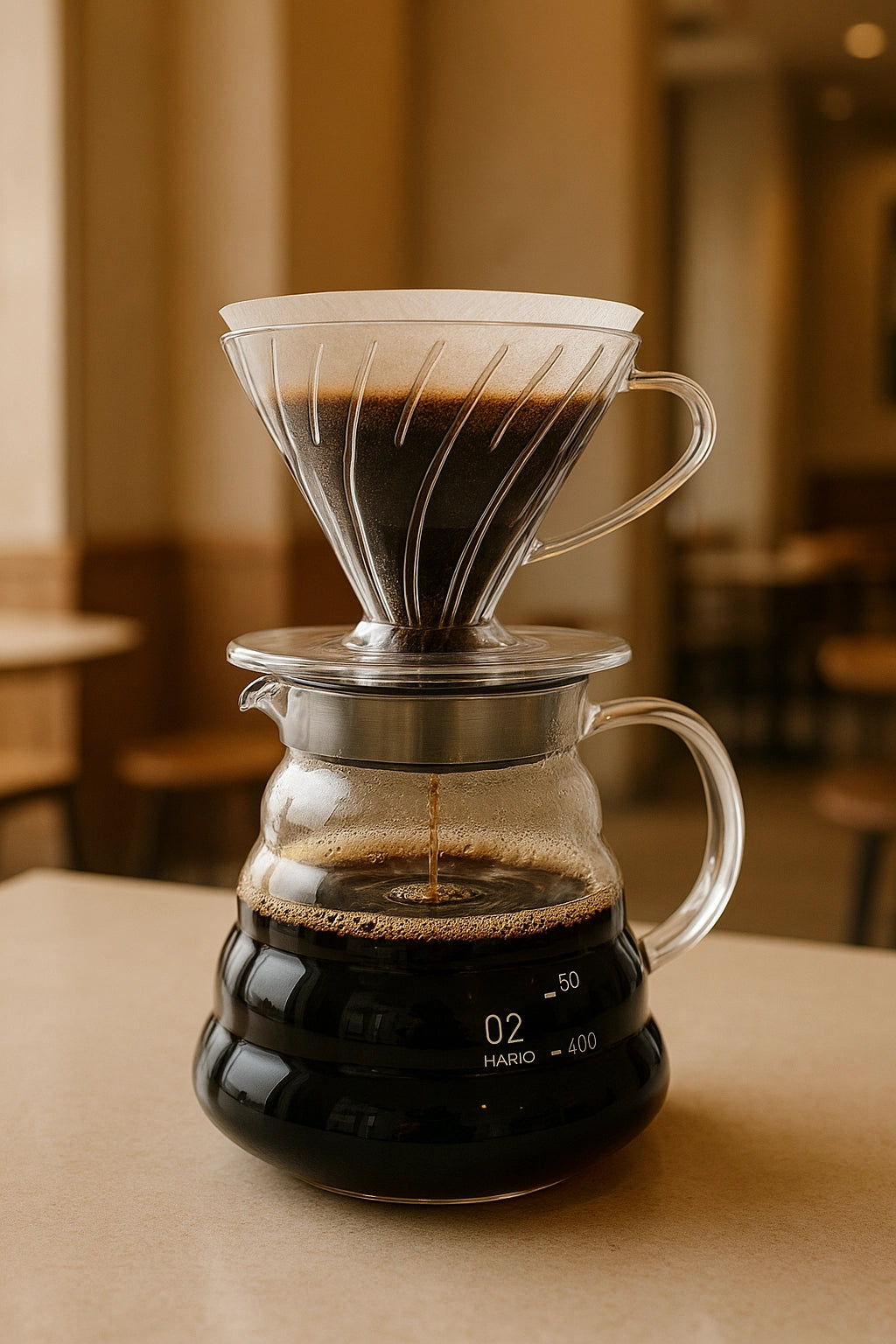 Hario V60 med Hario V60 Glass Serveringskanne med kaffe.