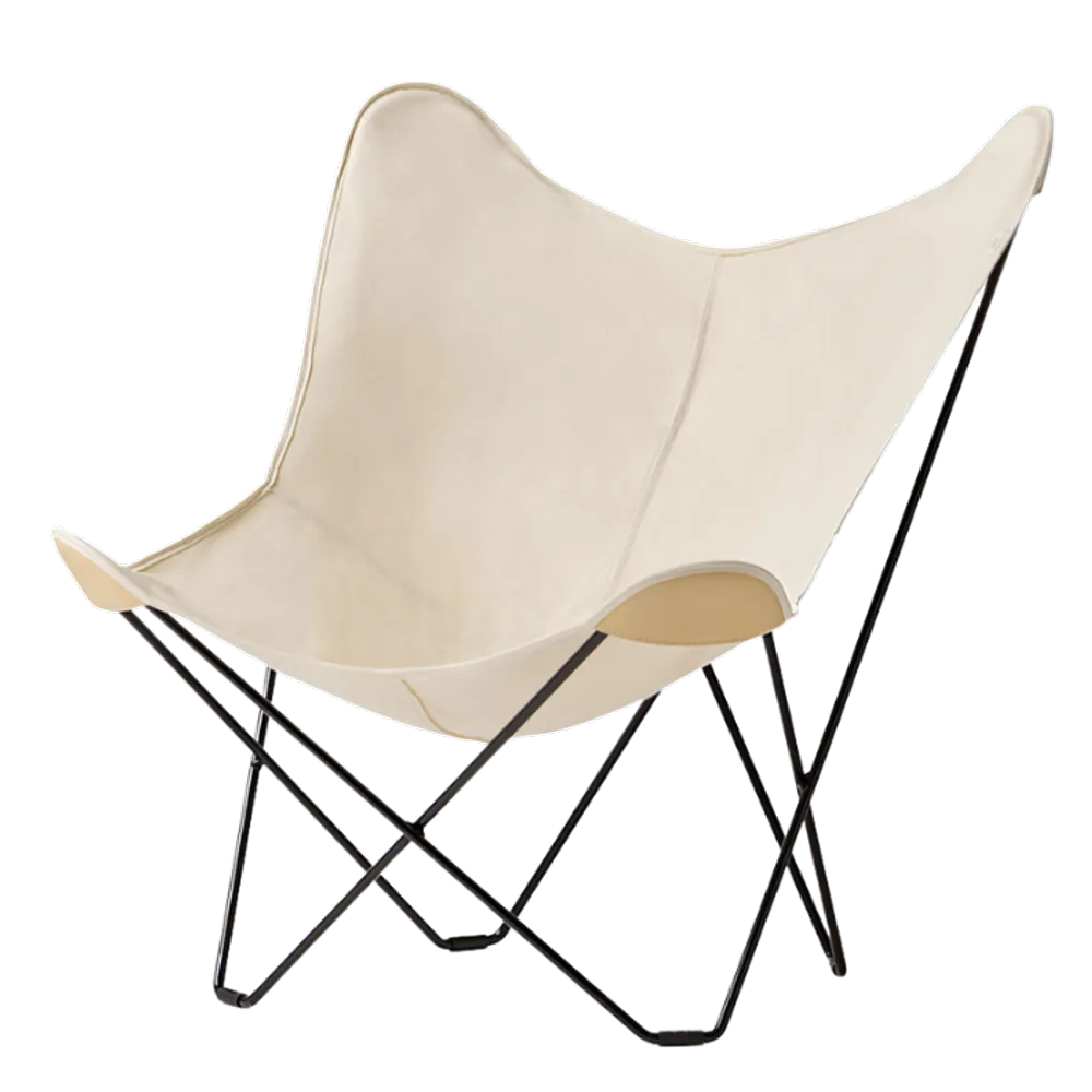 Butterfly chair canvas Mariposa i 100 prosent bomull og fargen hvit og med skinnhjørner.