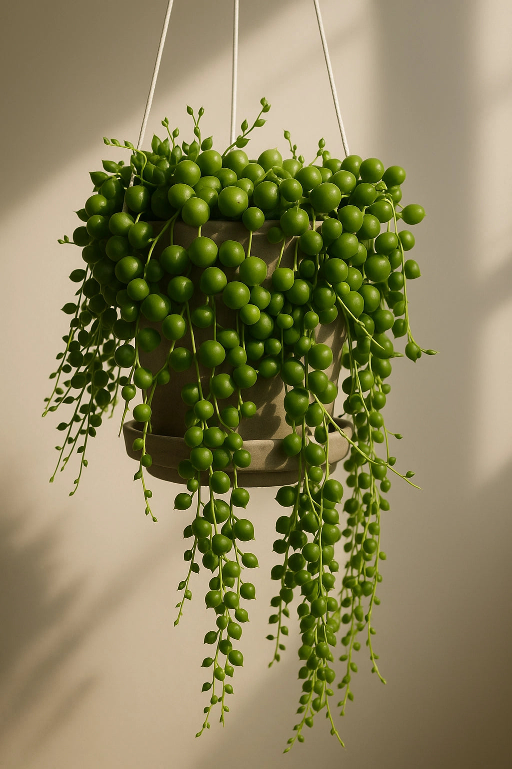 Senecio rowleyanus er en uvanlig og iøynefallende sukkulent kjent for sine kuleformede blader som henger som perler på en snor.