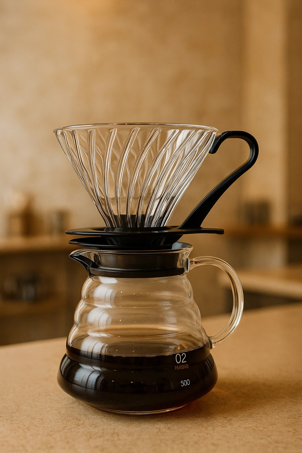 Hario V60 VDG kaffebrygger i klart glass med serveringskanne.