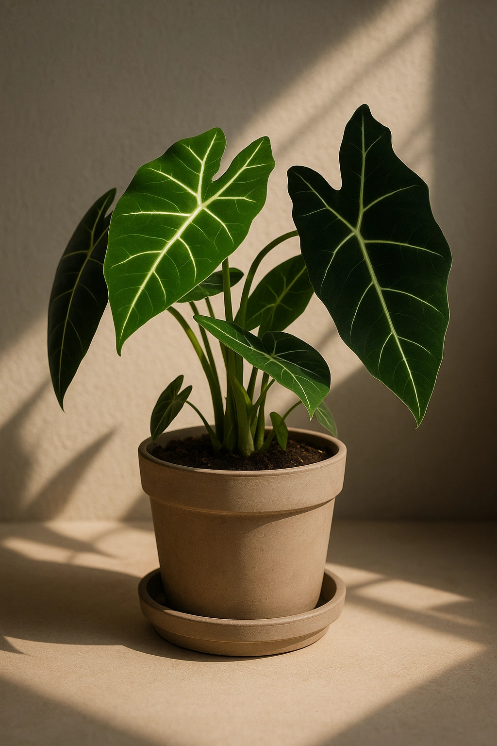 Alocasia Frydek er en tropisk skjønnhet med et luksuriøst og dramatisk uttrykk. Planten er lett gjenkjennelig med sine mørke fløyelsaktige blader, formet som piler eller skjold, og fremtredende lysegrønne til hvite nerver som danner vakre kontraster.