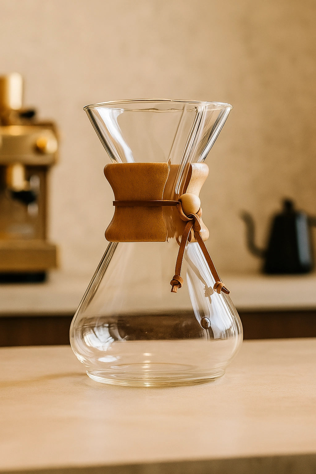 Chemex klassisk 10 kopper er en klassiker innen filterbrygging, kjent for sin enkle konstruksjon og rene smak.