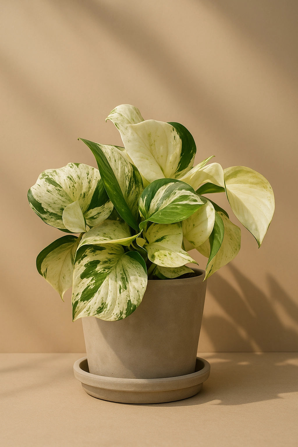 Epipremnum 'Happy Leaf'  er en lys og livlig variant av gullranke, med kremhvite og lysegrønne variegerte blader som gir et friskt og lett uttrykk i rommet. 